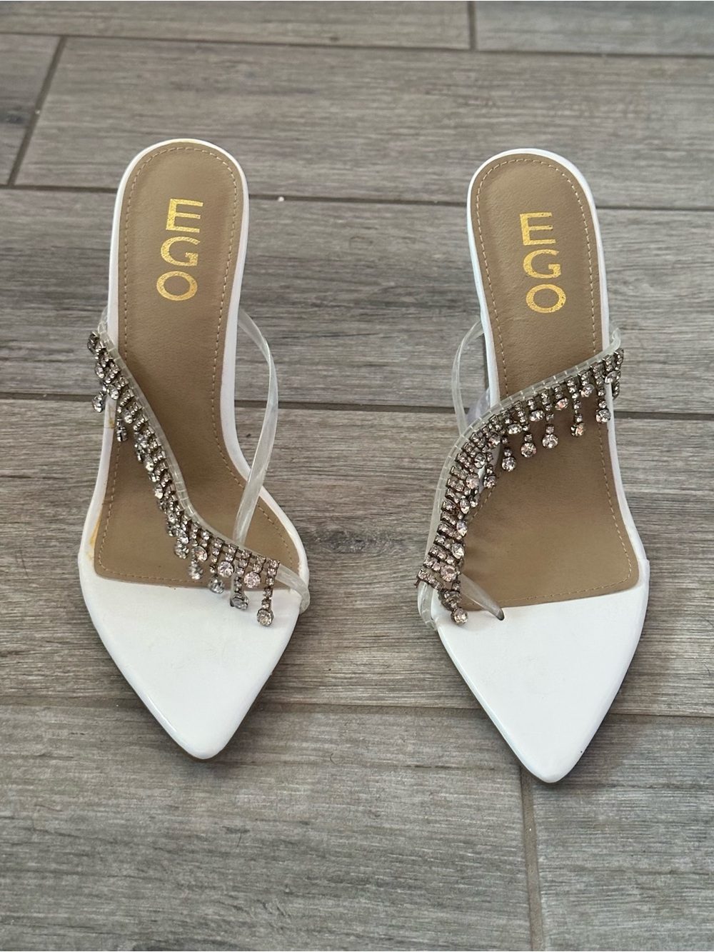 EGO Official “Penthouse” White Patent Rhinestone Clear Mules Heels